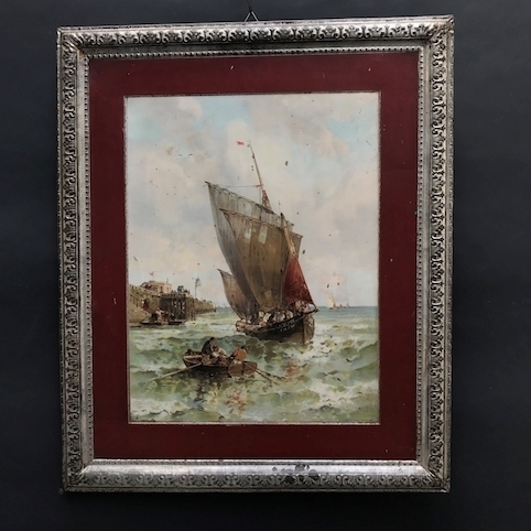 Picture of Lithograph on metal. Sailing ship, boat and shore