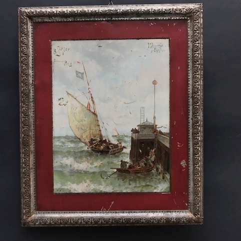 Picture of Lithograph on metal. Sailing ship and pier
