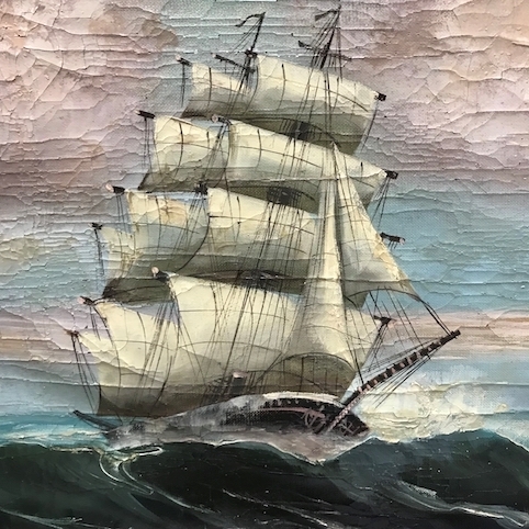 Picture of Illegible sign's oil painting. Sailing ship in a storm